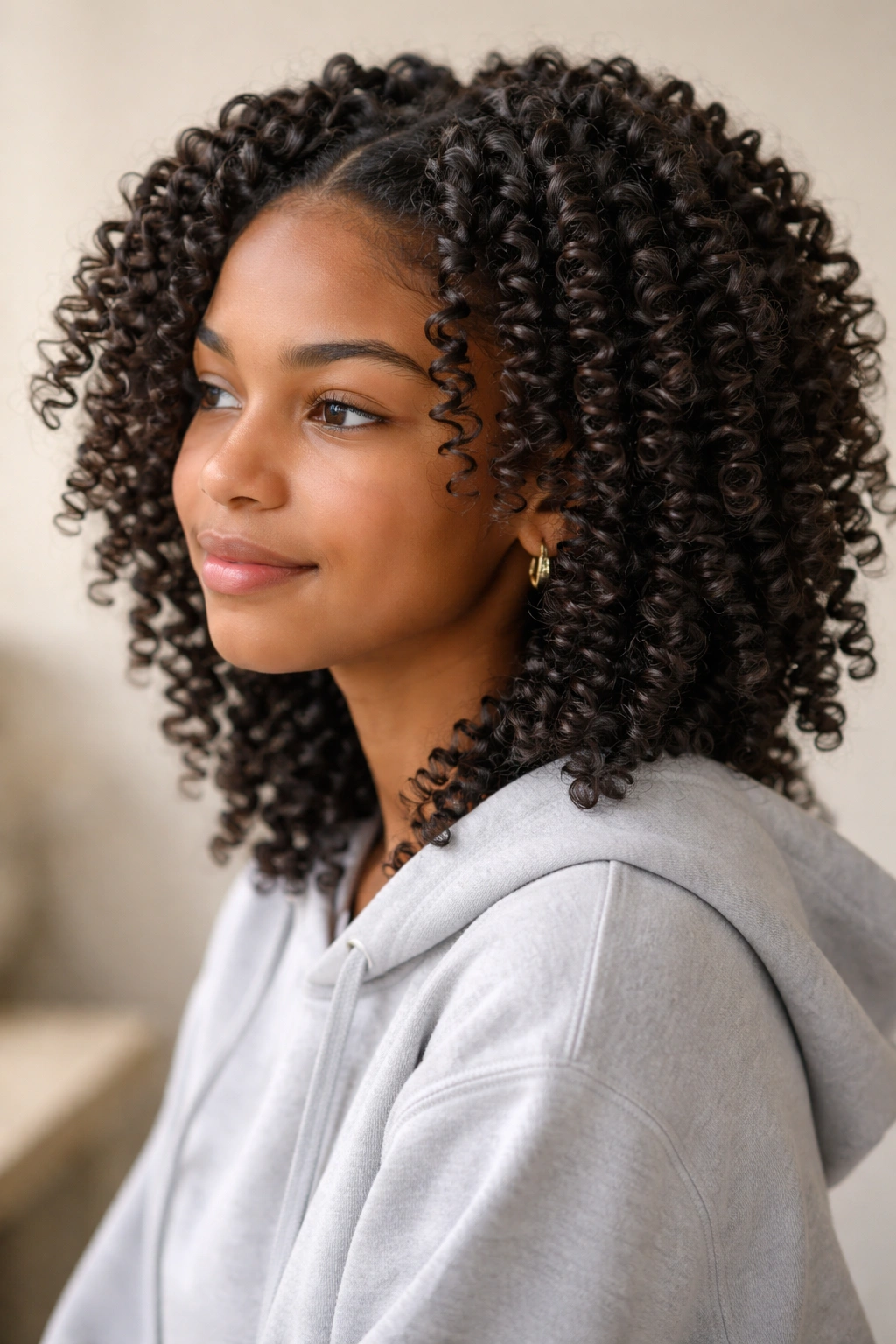 Close-up of unravelled Bantu knot curls on a student’s head with defined coils