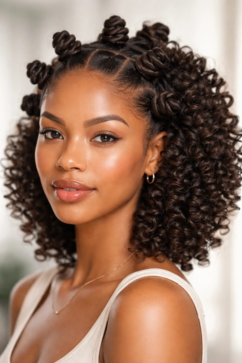 Bantu knot-out coils forming spiral curls on scalp