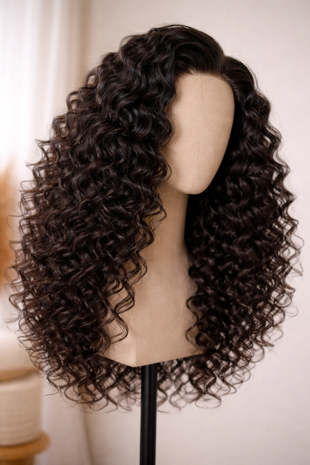 Close-up of a wig styled with Bantu knot-out curls and stretched S-pattern waves