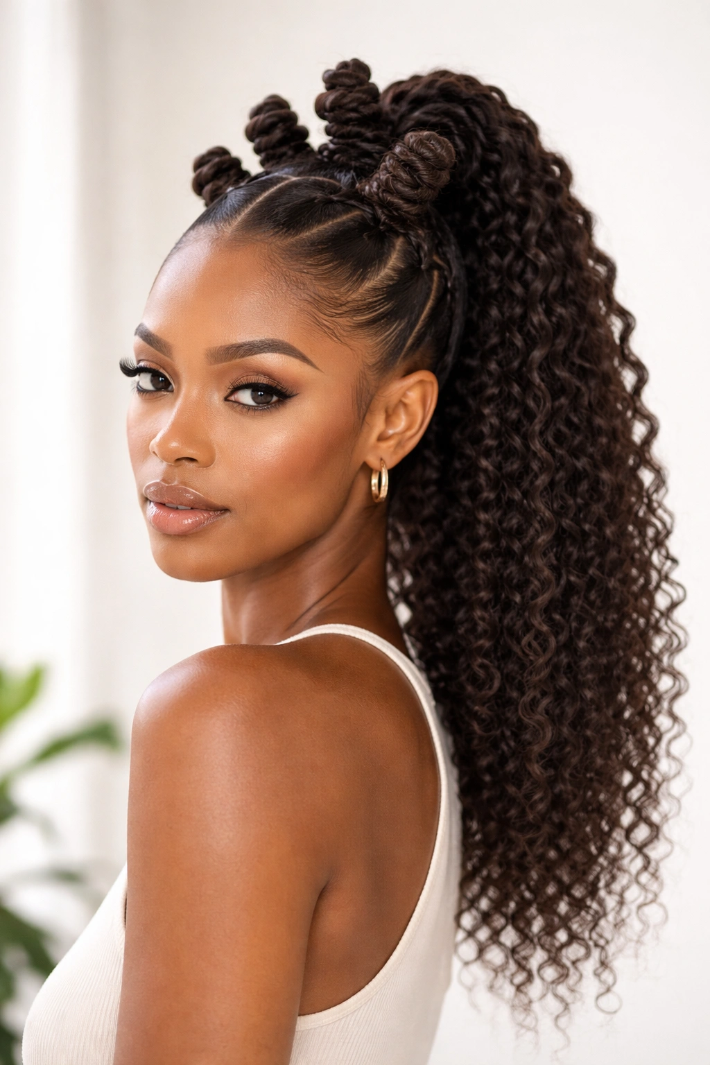 Front view of a high ponytail with tightly wound bantu knots and visible kink texture.