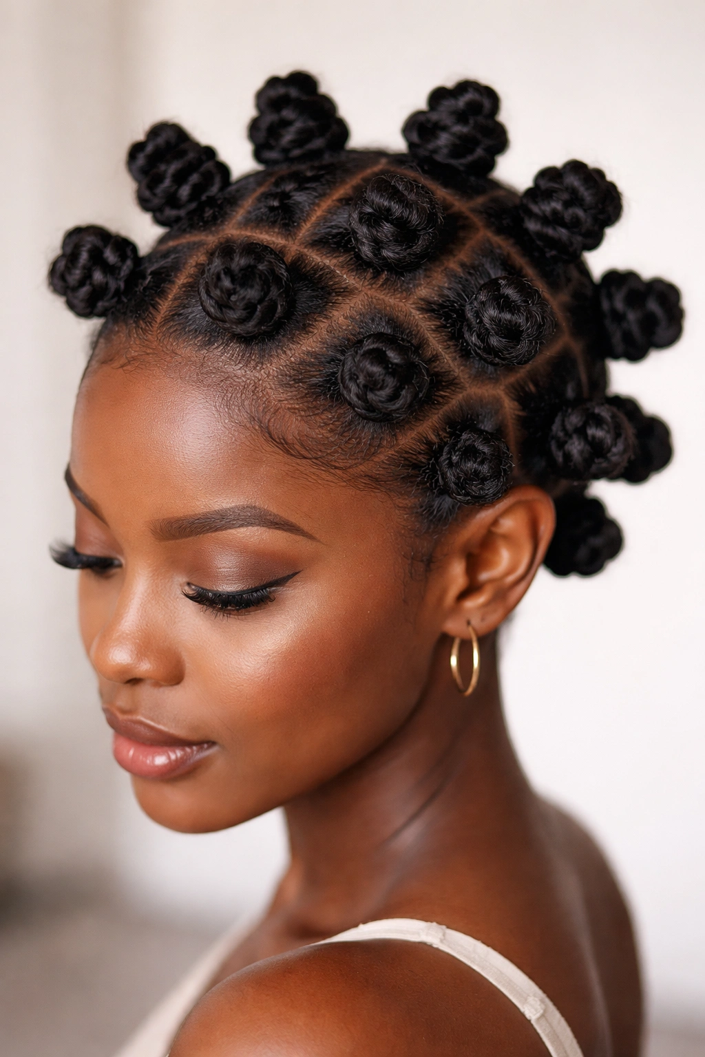 4C hair styled into small Bantu knots across the scalp