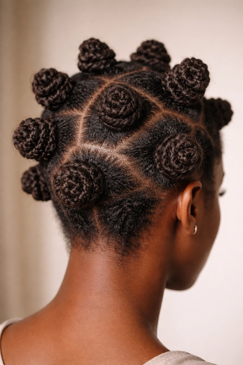 Close-up of Bantu knots on 4C hair showing tight coil spirals
