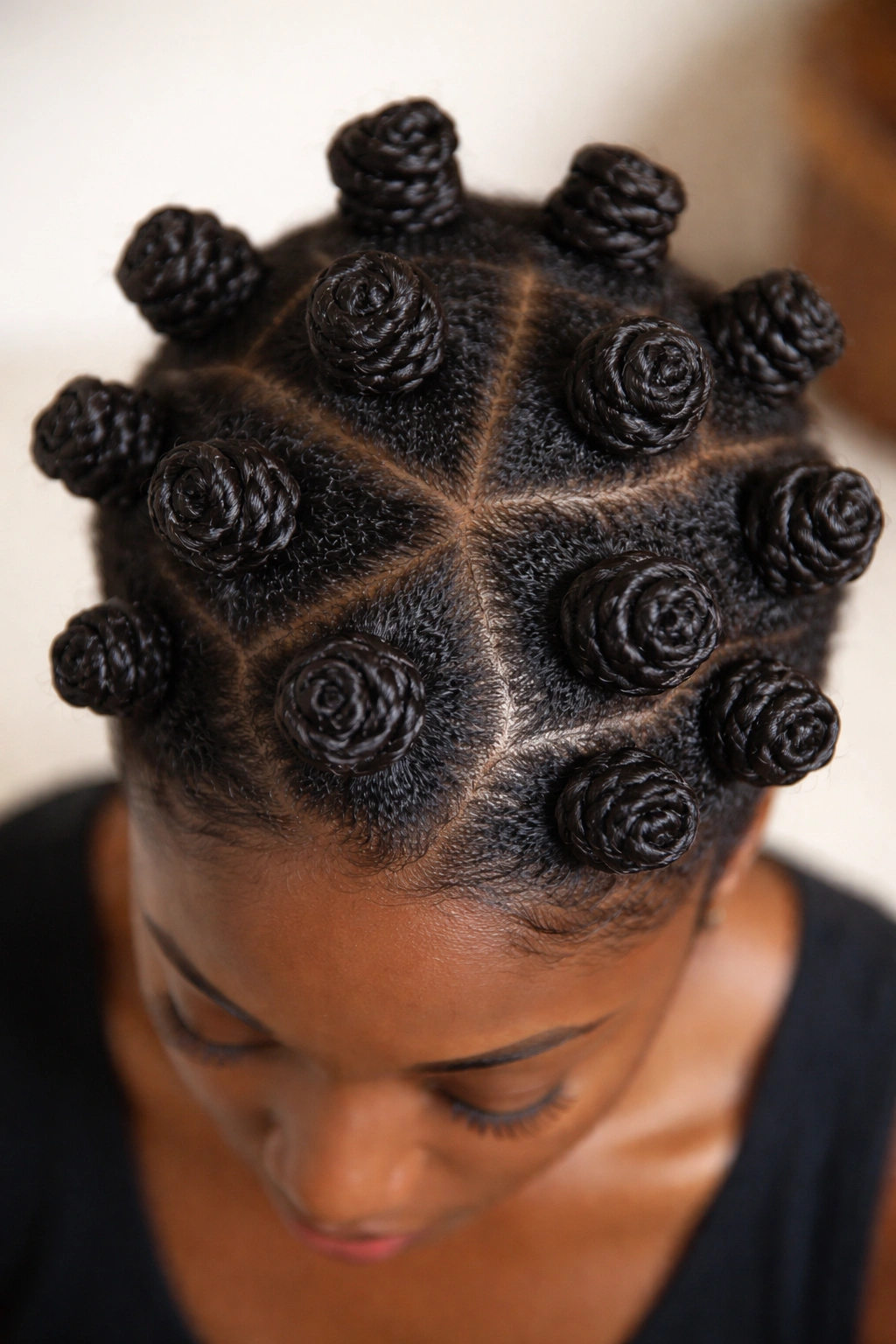 Top-down view of small Bantu knots on 4C hair