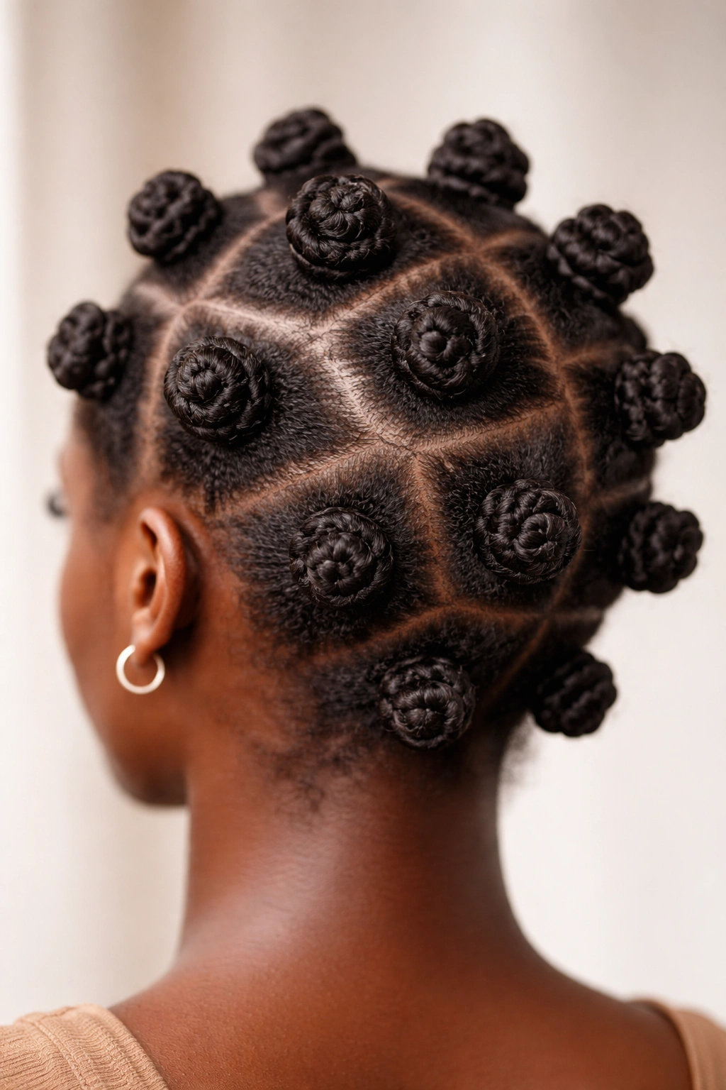 Close-up of small Bantu knots on 4C hair.