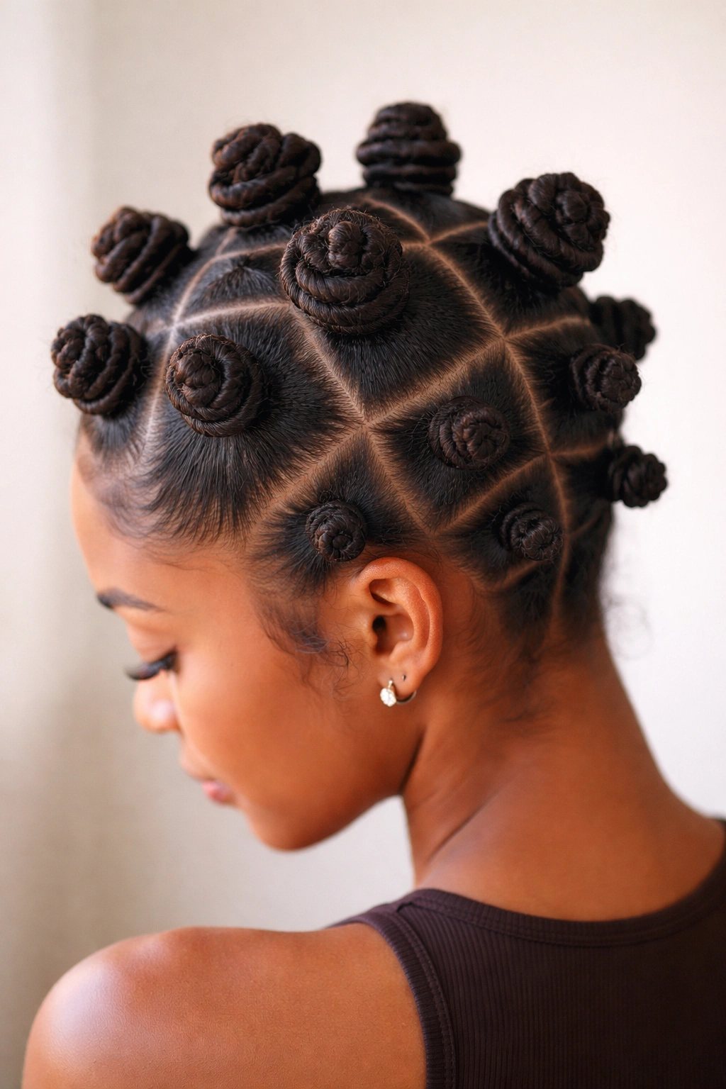 Neatly sectioned hair twisted into Bantu knots on scalp