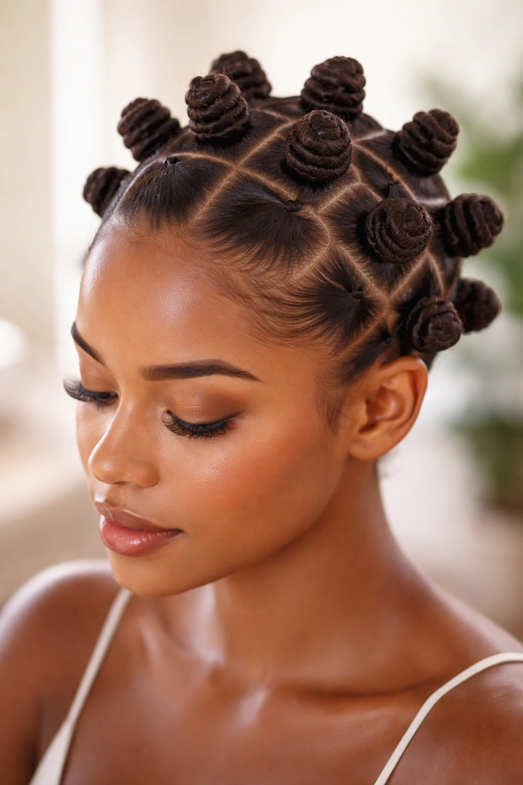 Head full of neatly formed bantu knots across the scalp