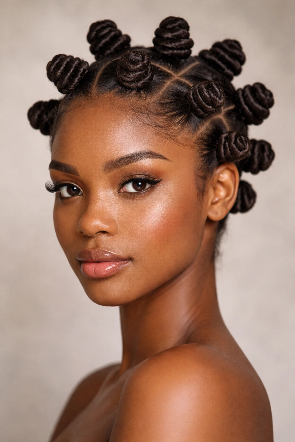 Close-up of Bantu Knots on scalp, sculptural protective Afro hairstyle