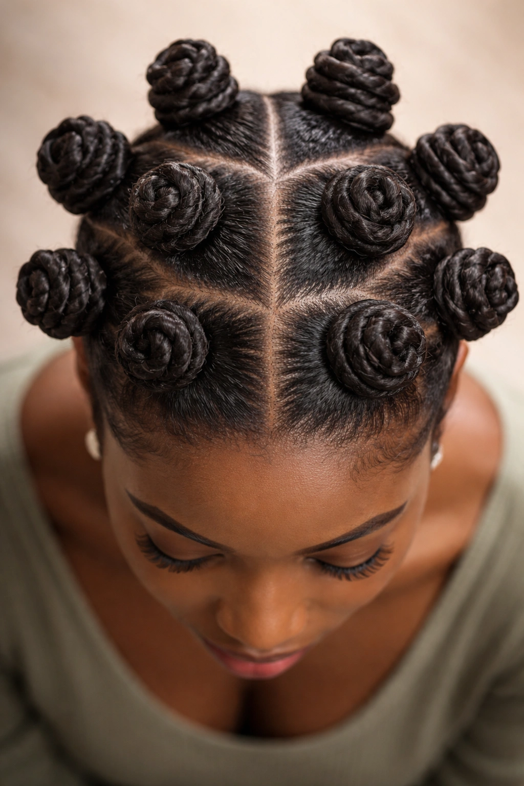 Bantu knots arranged in a sculptural pattern across the scalp