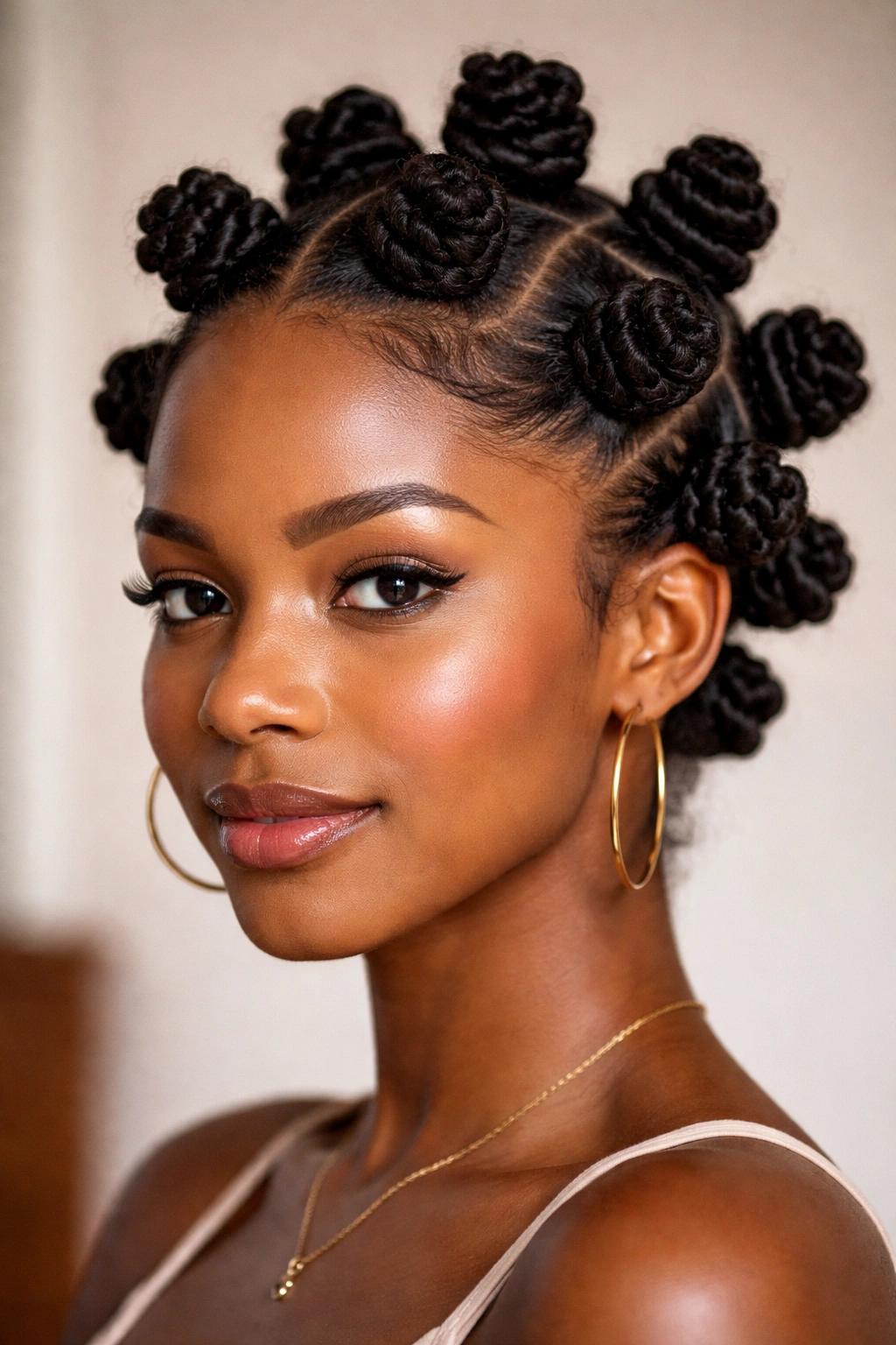 Close-up of bantu knots hairstyle with several coiled knots on scalp