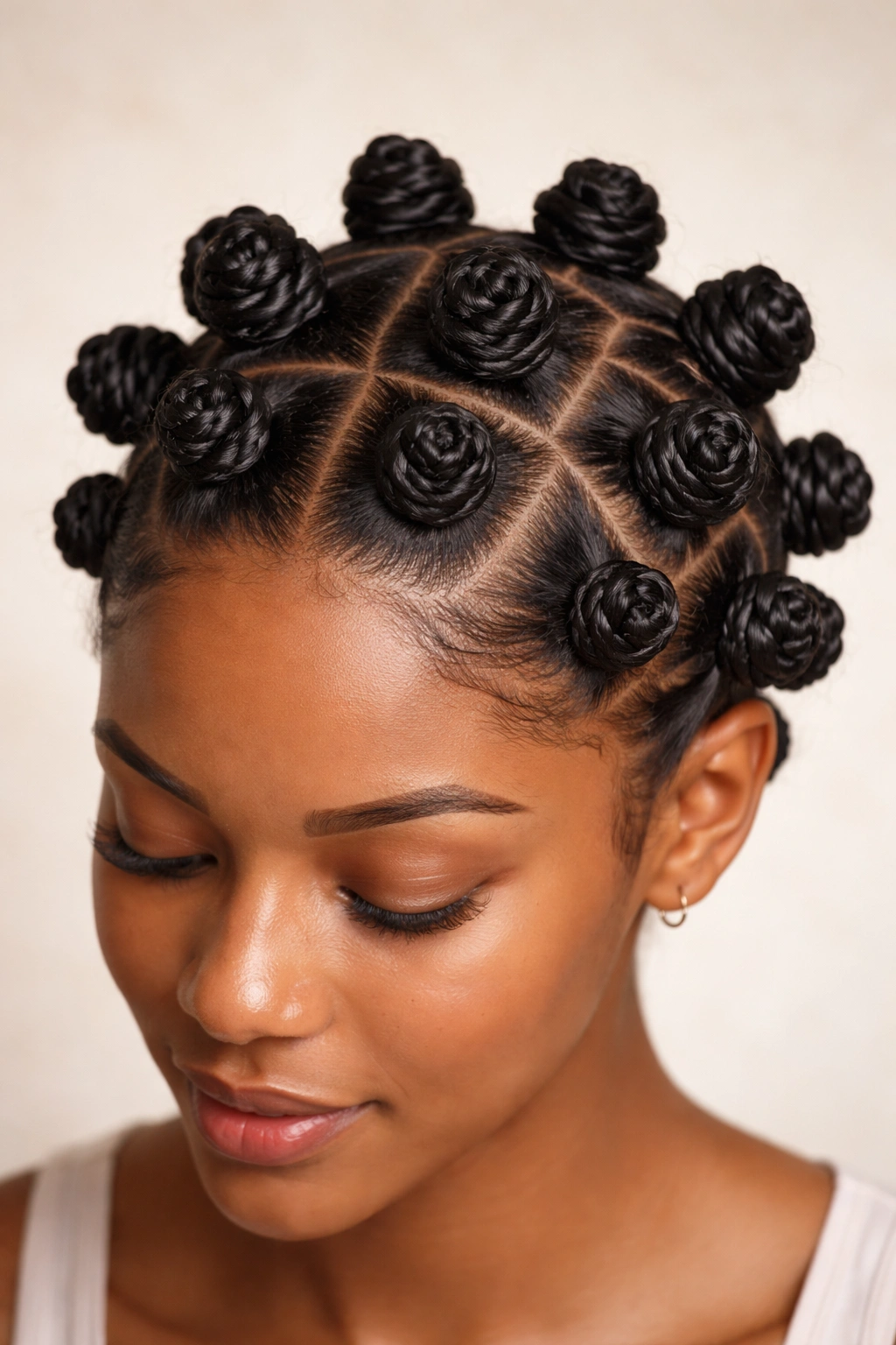Close-up of multiple small Bantu knots on afro hair