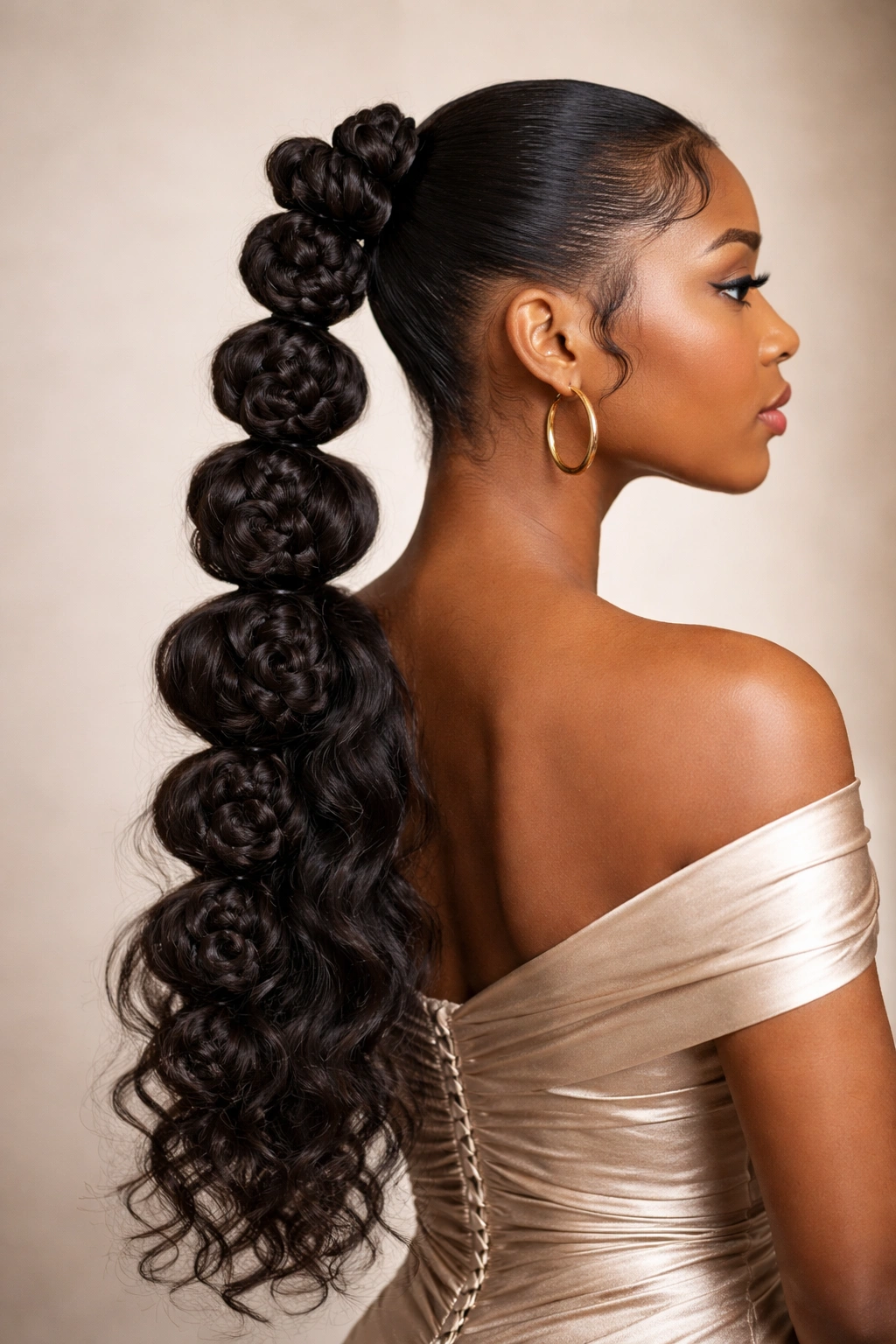 Close-up of cascading bantu knots along a ponytail with varying knot sizes