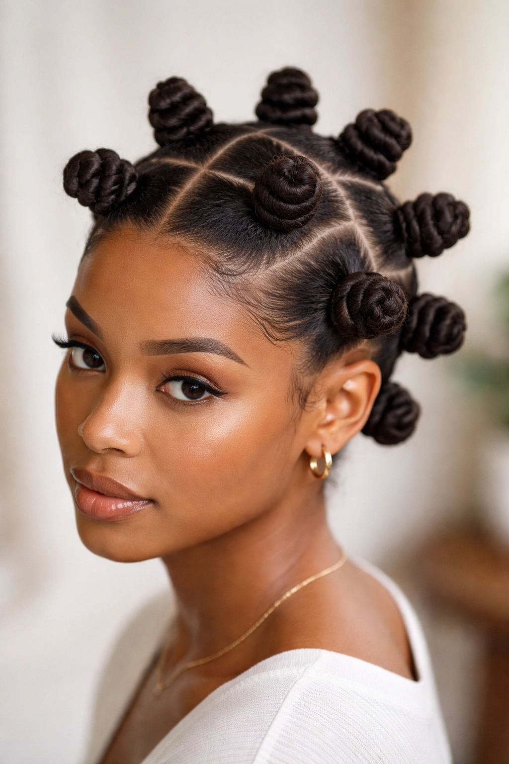 Close-up of hair in neat Bantu knots ready to unravel.