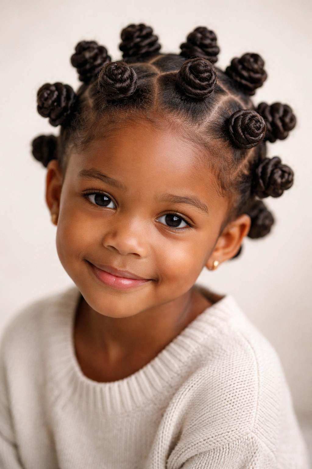 Close-up of a young girl's Bantu knots across the scalp.