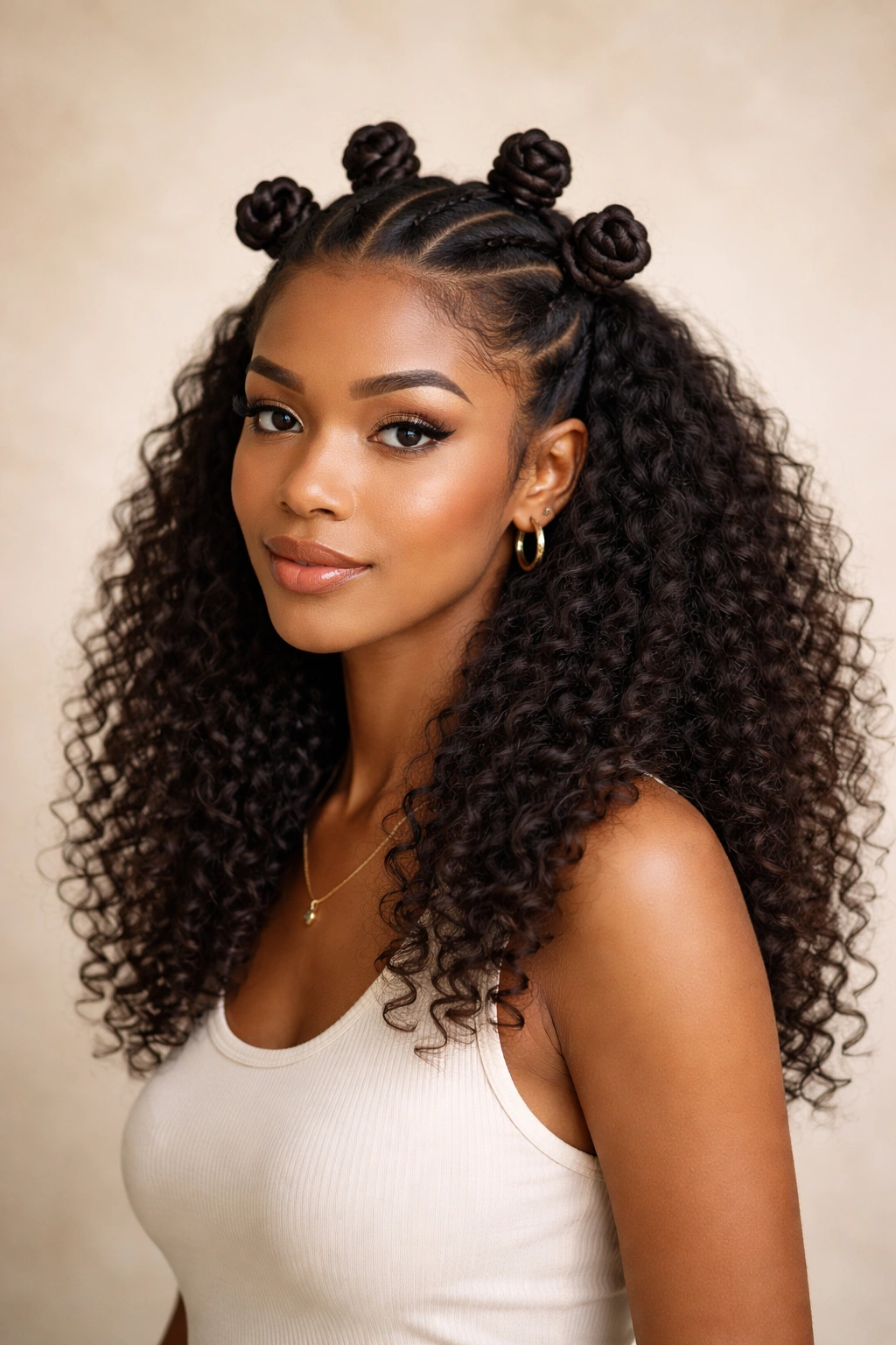 Crown of bantu knots with loose textured hair below
