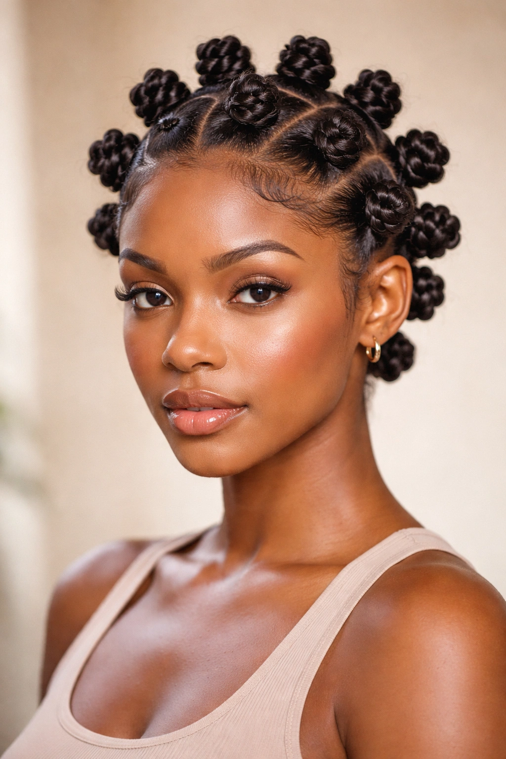 Head with multiple small Bantu knots across scalp