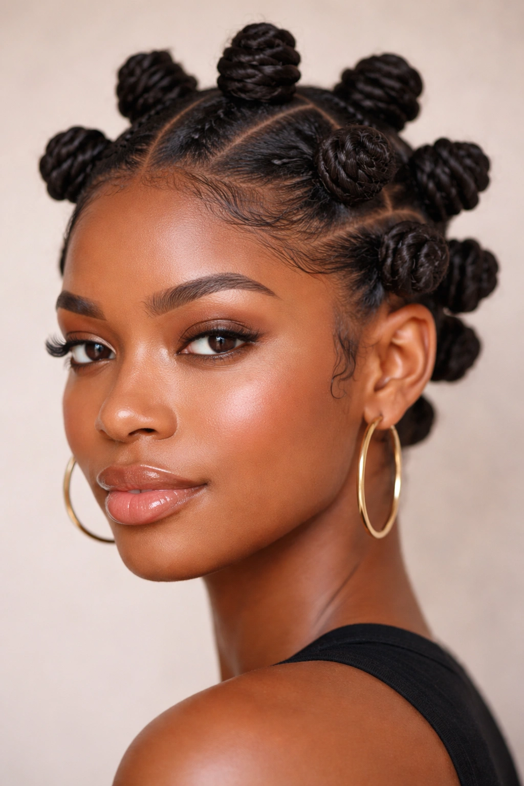 Close-up of a head with Bantu knots evenly spaced across the scalp