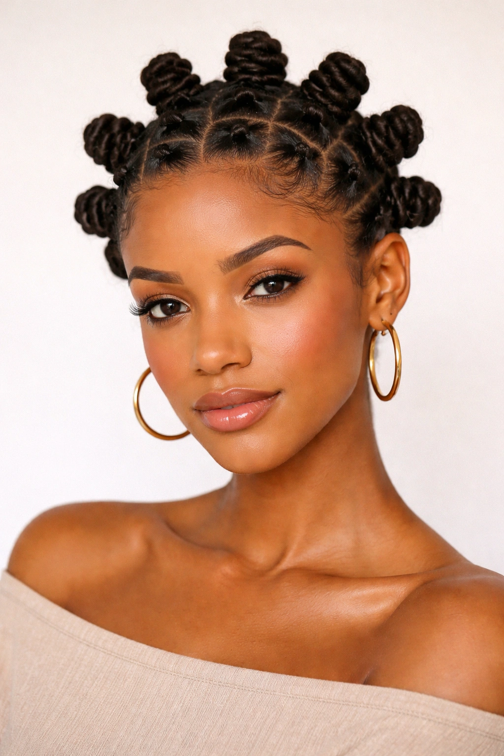 Close-up of Bantu knots with neat coiled sections