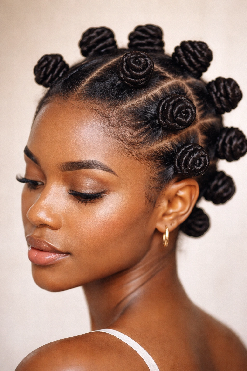 Close-up of small bantu knots on natural hair with soft studio lighting