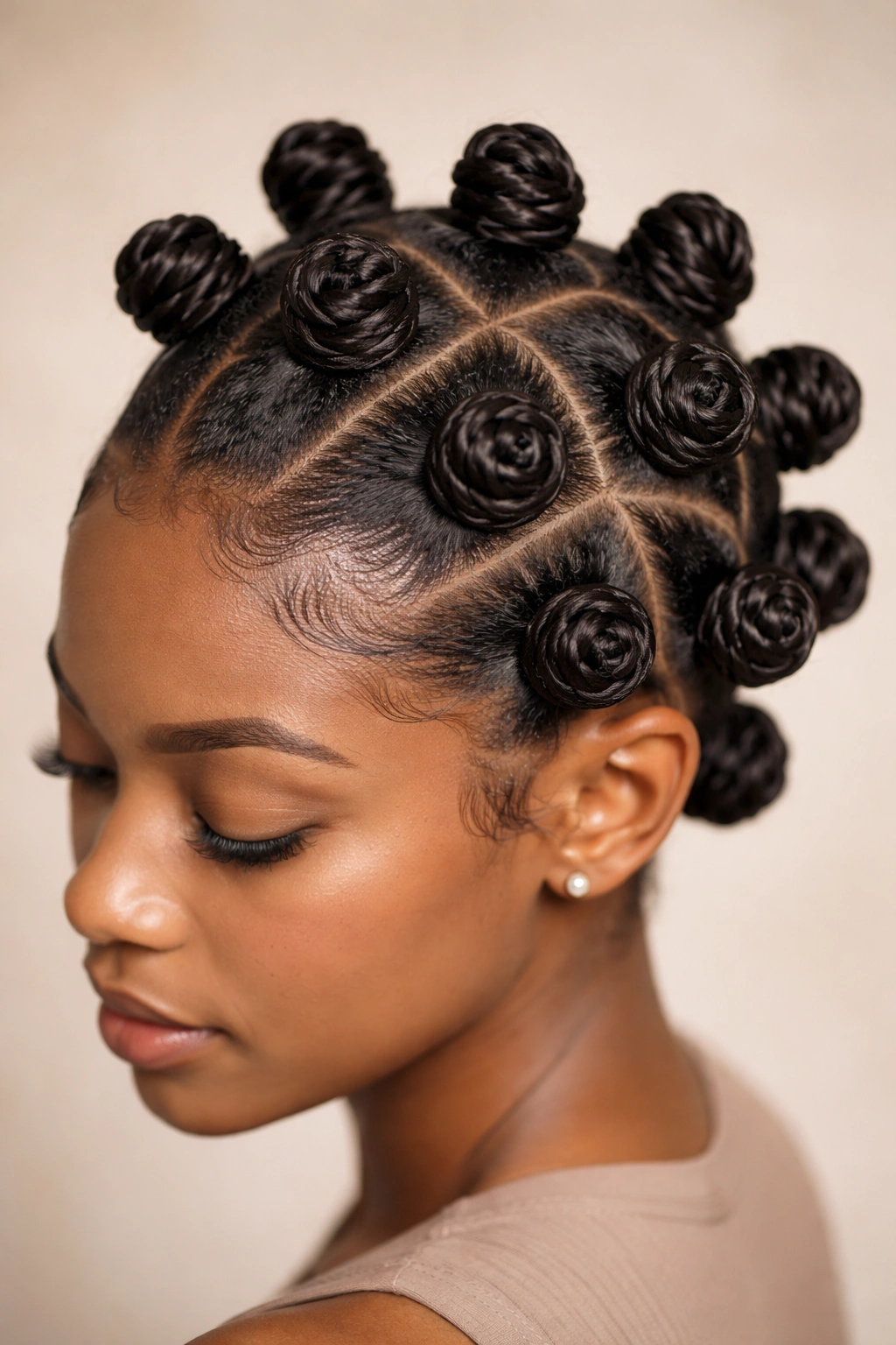 Close-up of Bantu knots showing tight, uniform coils and scalp texture