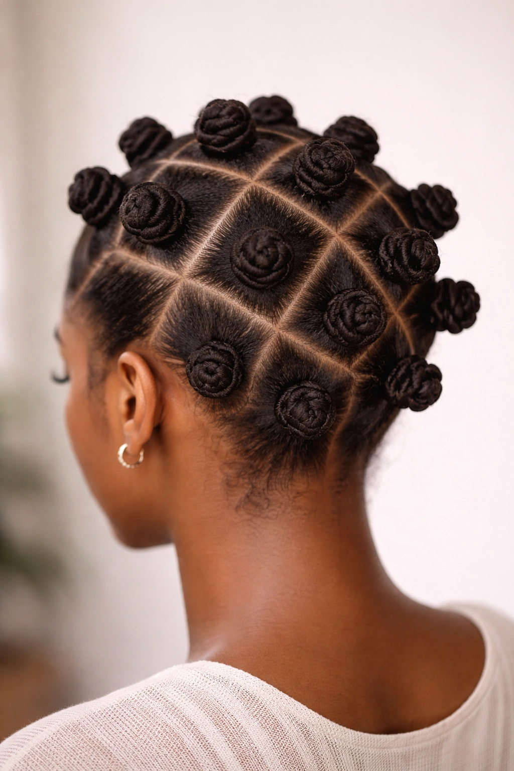 Close-up of a head with neatly arranged Bantu knots across the scalp