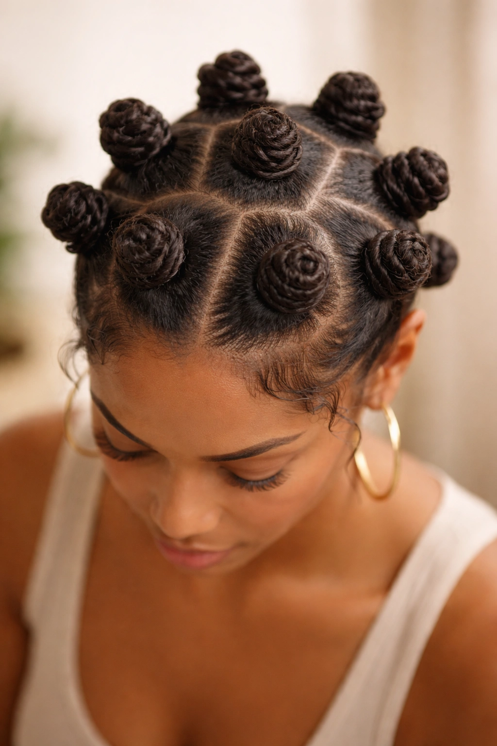 Top-down view of multiple bantu knots on scalp