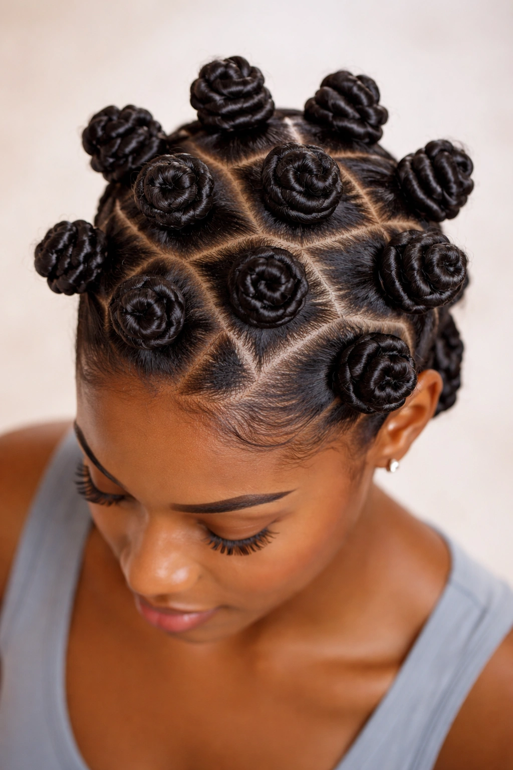 Overhead view of neat bantu knots on the scalp