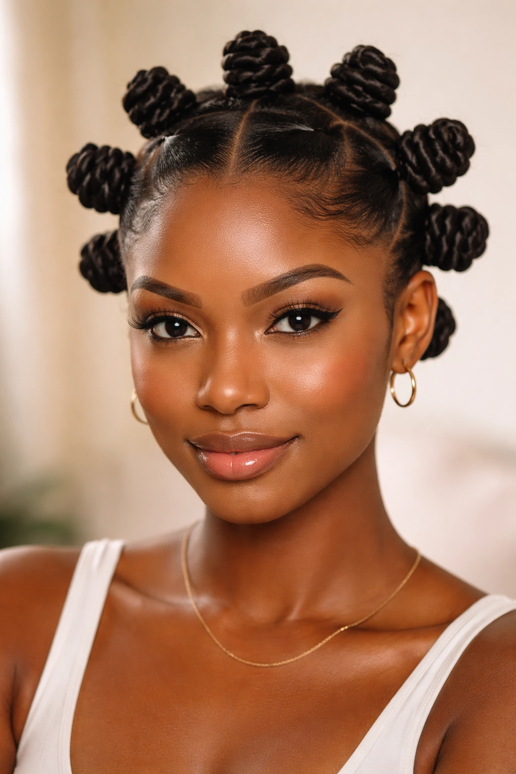 Frontal close-up of a head with neatly arranged bantu knots