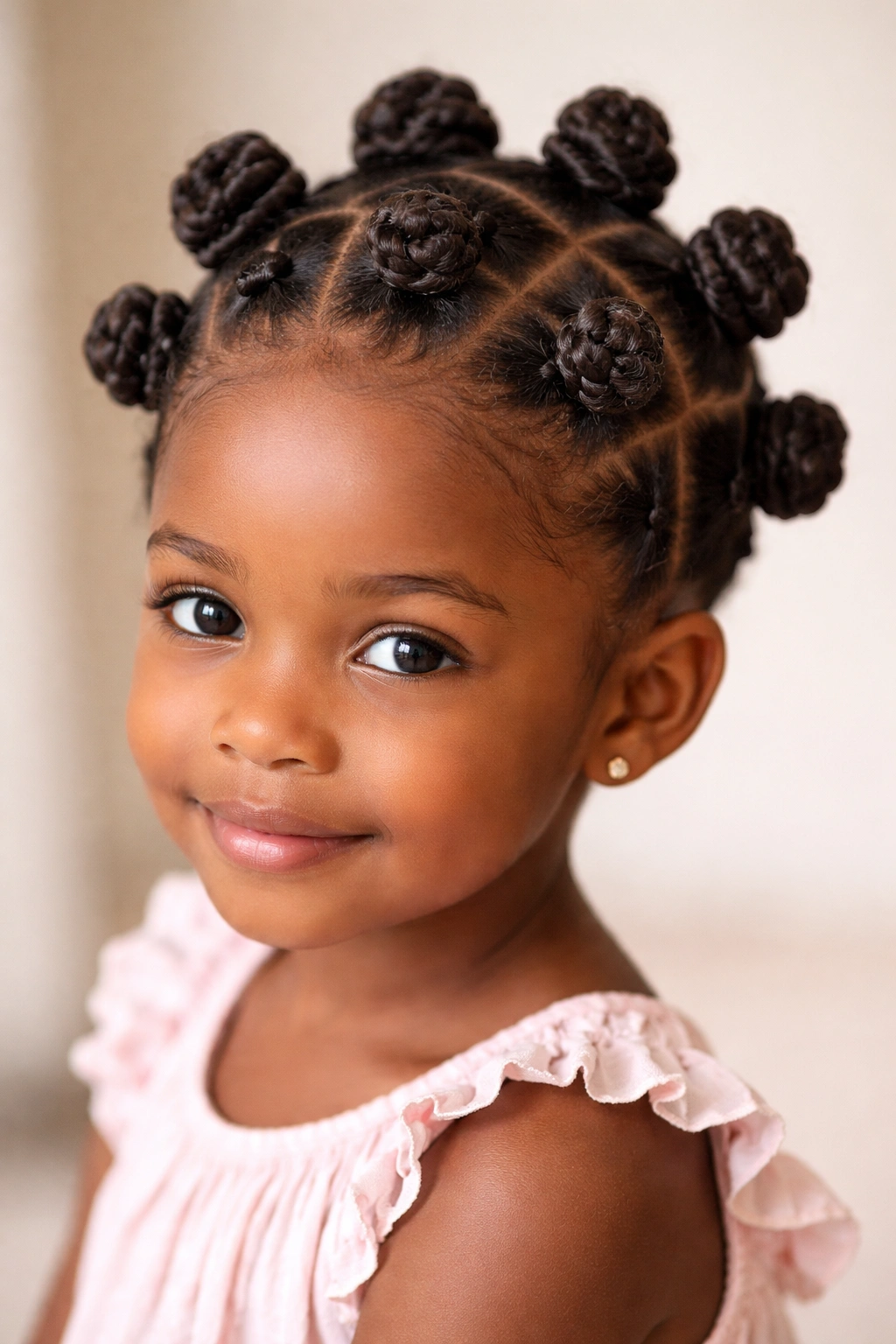 Close-up of a little girl with Bantu knots across the scalp