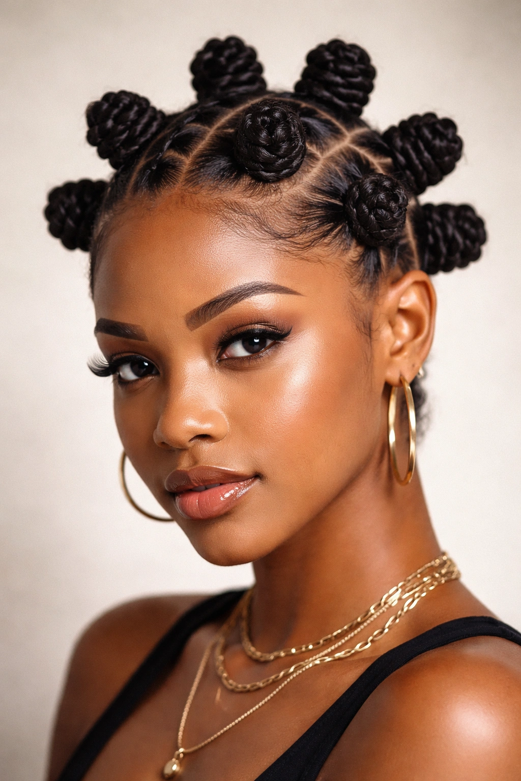 Close-up of bantu knots on scalp in studio portrait