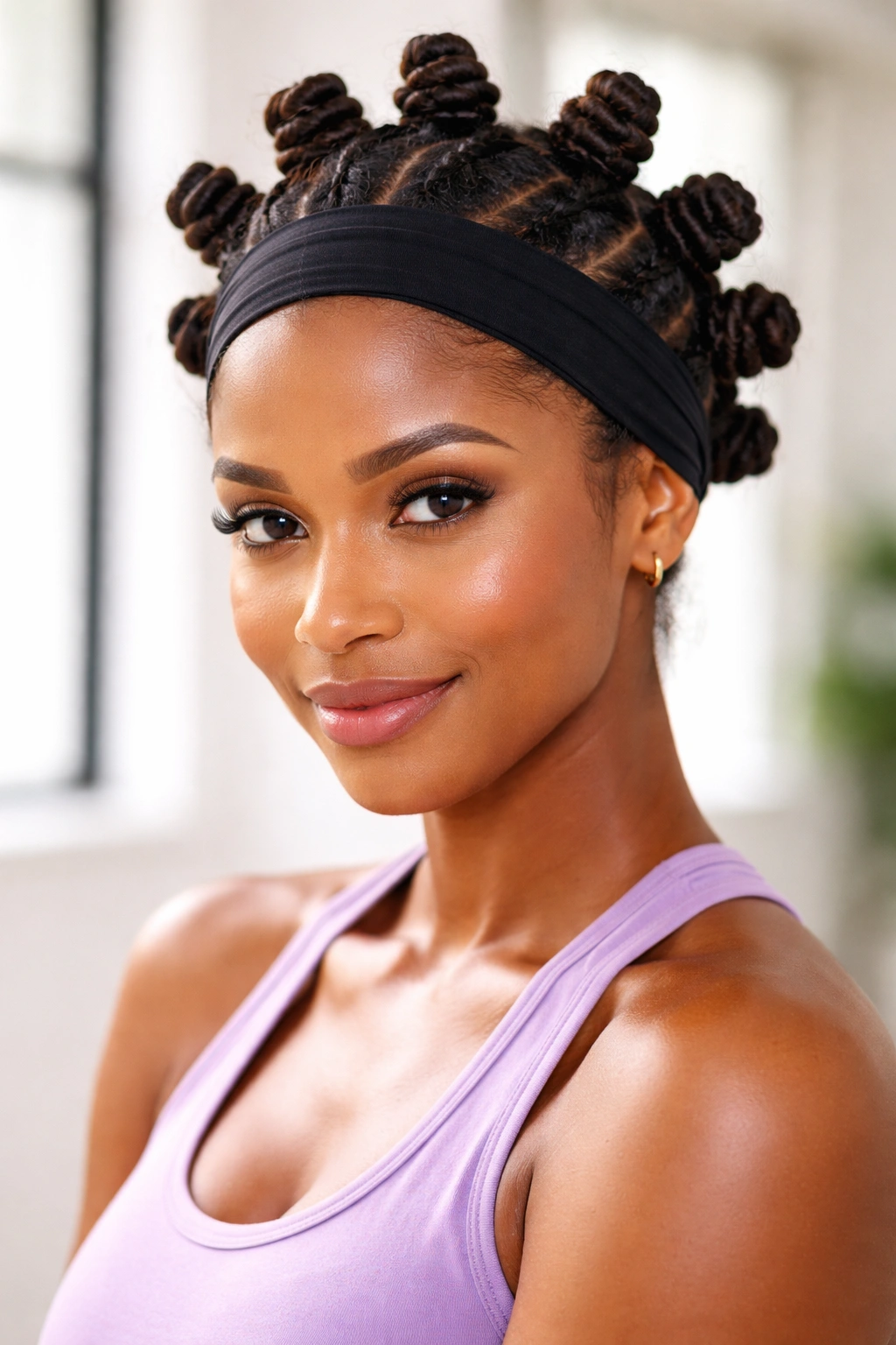 Multiple bantu knots with headband protecting curly hair