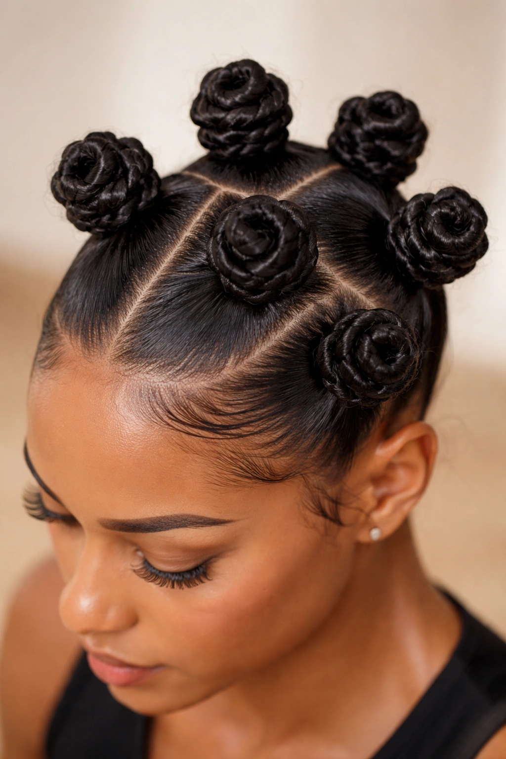 Close-up of high bantu knots on crown with tight, uniform spirals