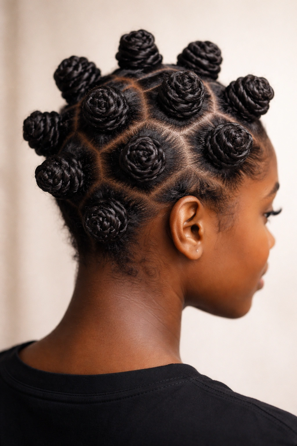 Close-up of multiple tight bantu knots arranged on the scalp