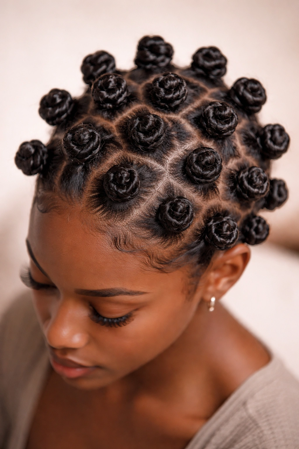 Head featuring multiple small Bantu knots across the scalp