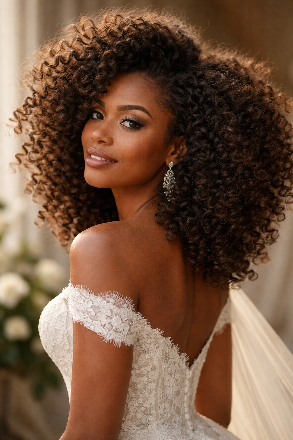 Bantu knots released into a voluminous curly bridal silhouette