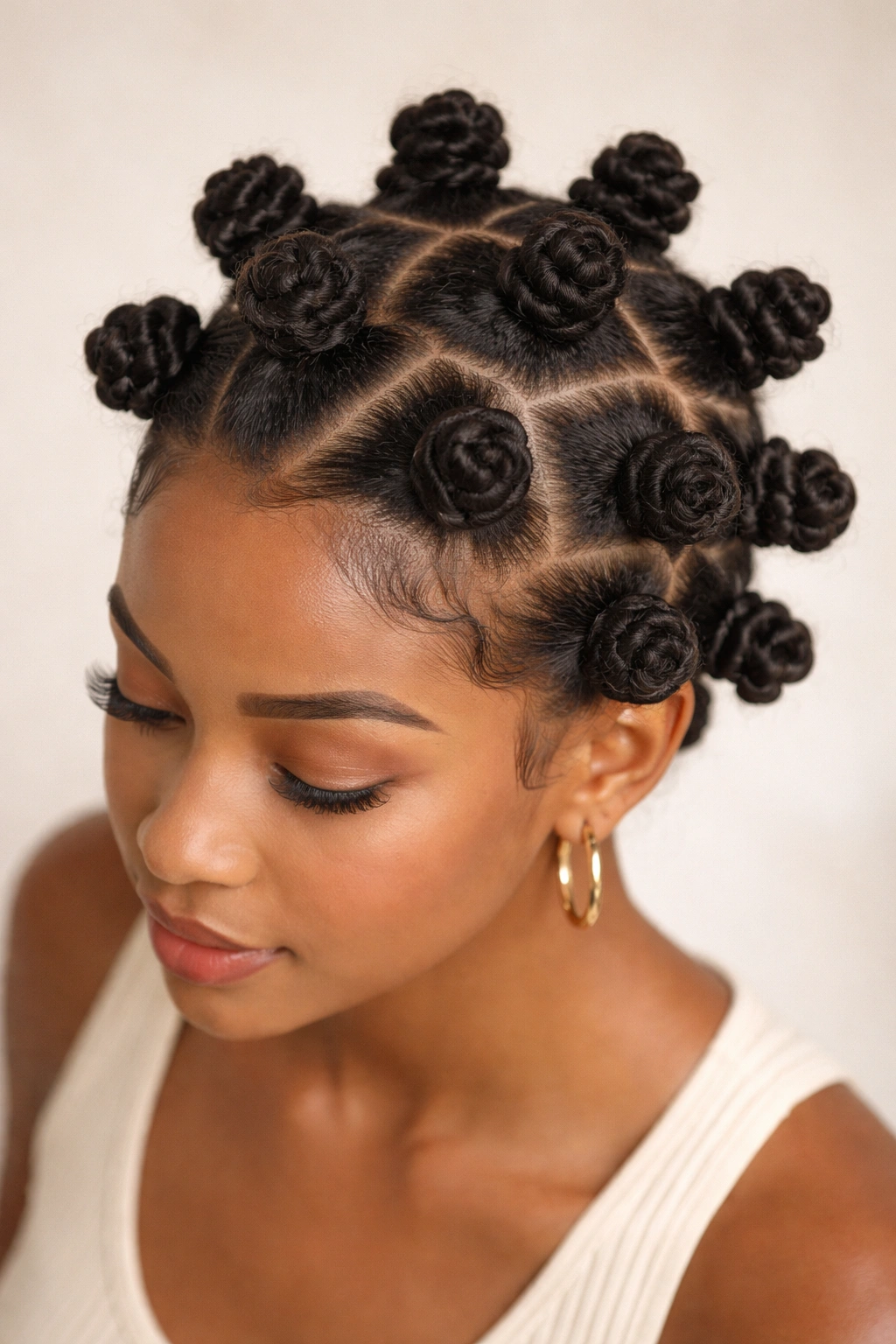 Person with evenly spaced bantu knots on the scalp