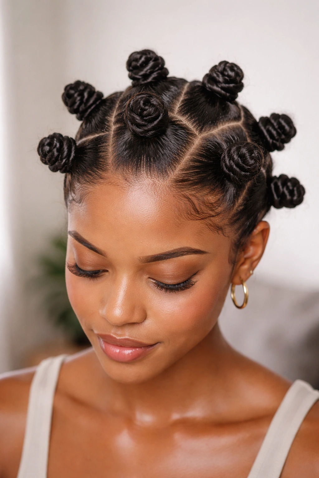 Head with multiple neat Bantu knots on damp hair.