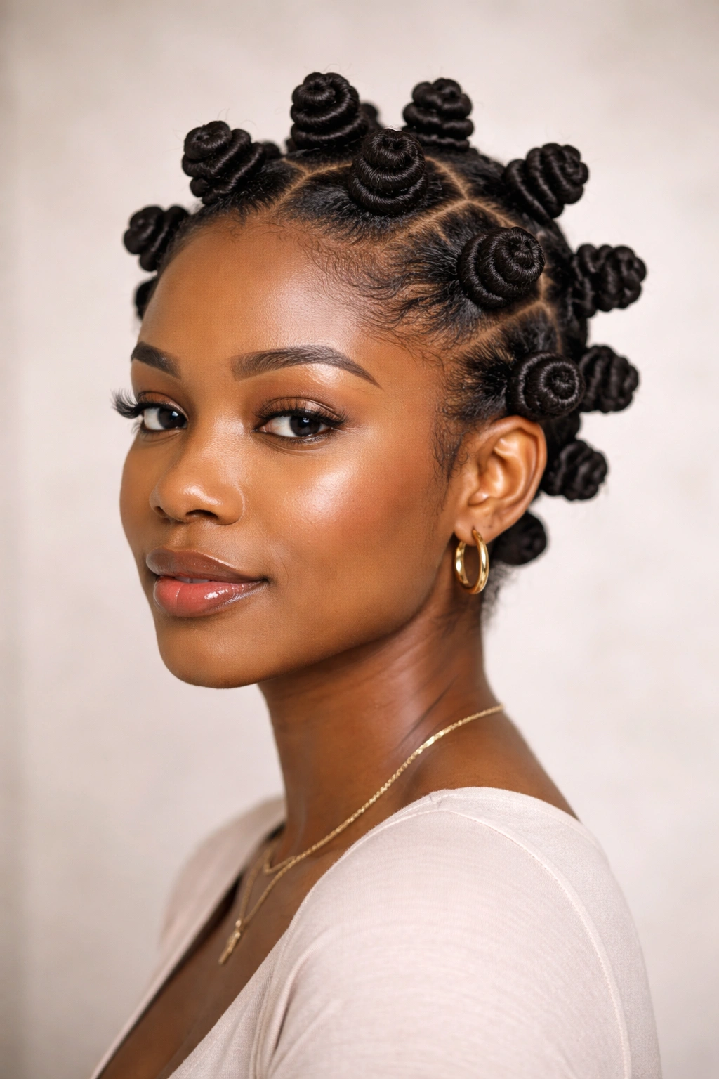 Head-and-shoulders portrait with neat Bantu knots all over the head.