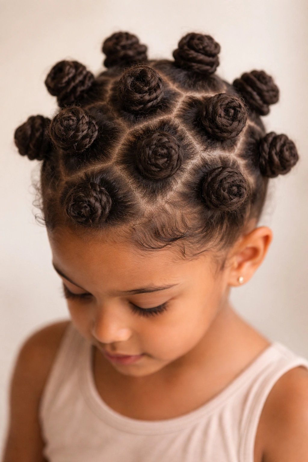 Close-up of a child's head with Bantu knots across the scalp