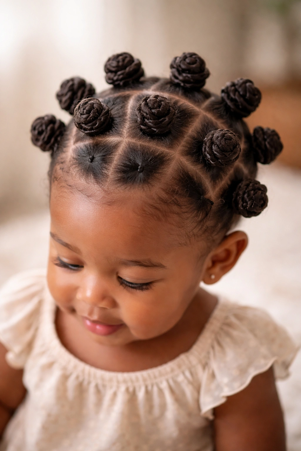 Toddler head with bantu knots creating textured afro hairstyle.