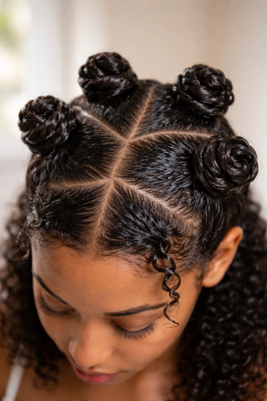 Top-down view of damp hair in neat Bantu knots