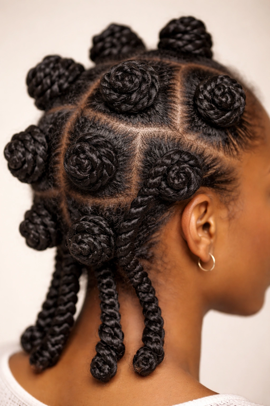 Close-up of neatly formed bantu knots from twisted sections, defined coils and texture