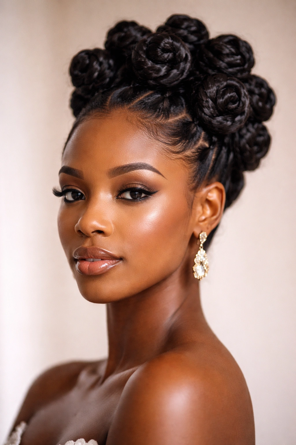 Bantu knots styled into an updo with bold texture