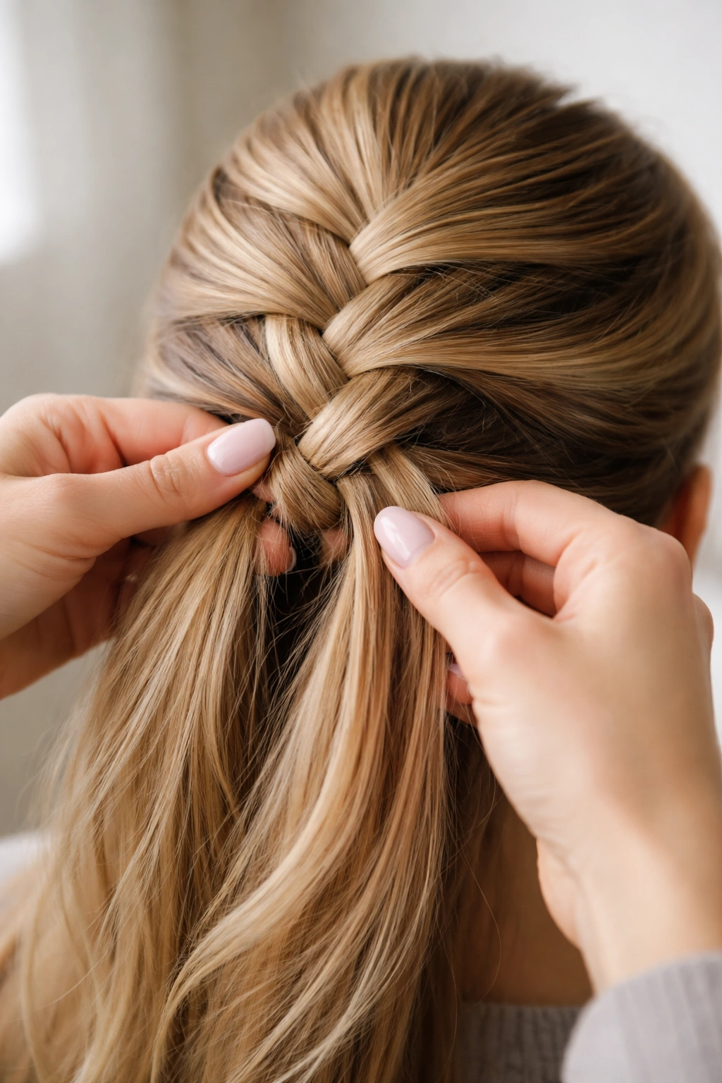 Hands braiding hair to master the basic French braid