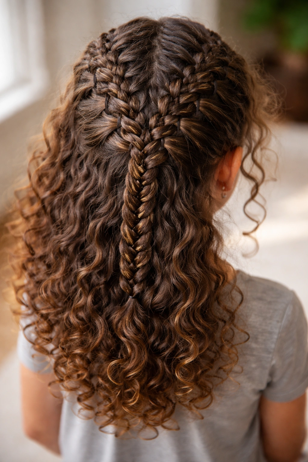 Center braid with woven sections creating a basket weave on curly hair