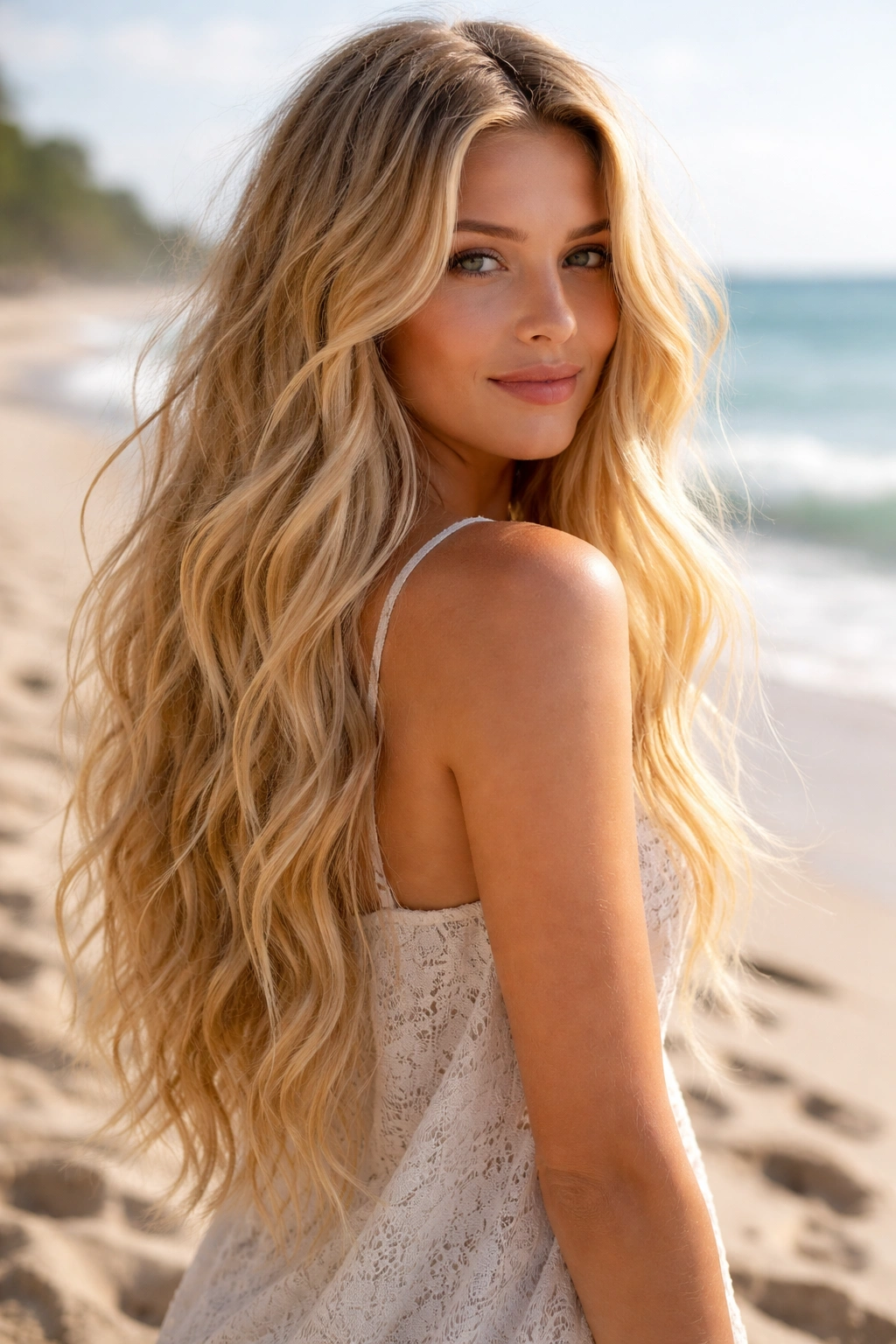 Long blonde hair in loose beach tousled waves with natural texture.