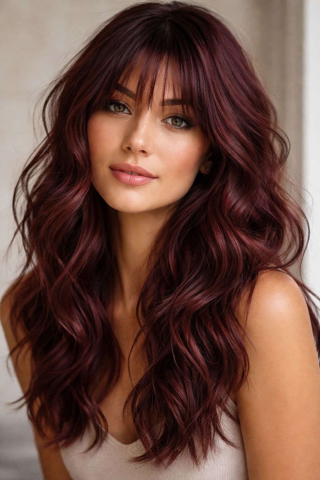 Burgundy textured beach waves with piecey bangs
