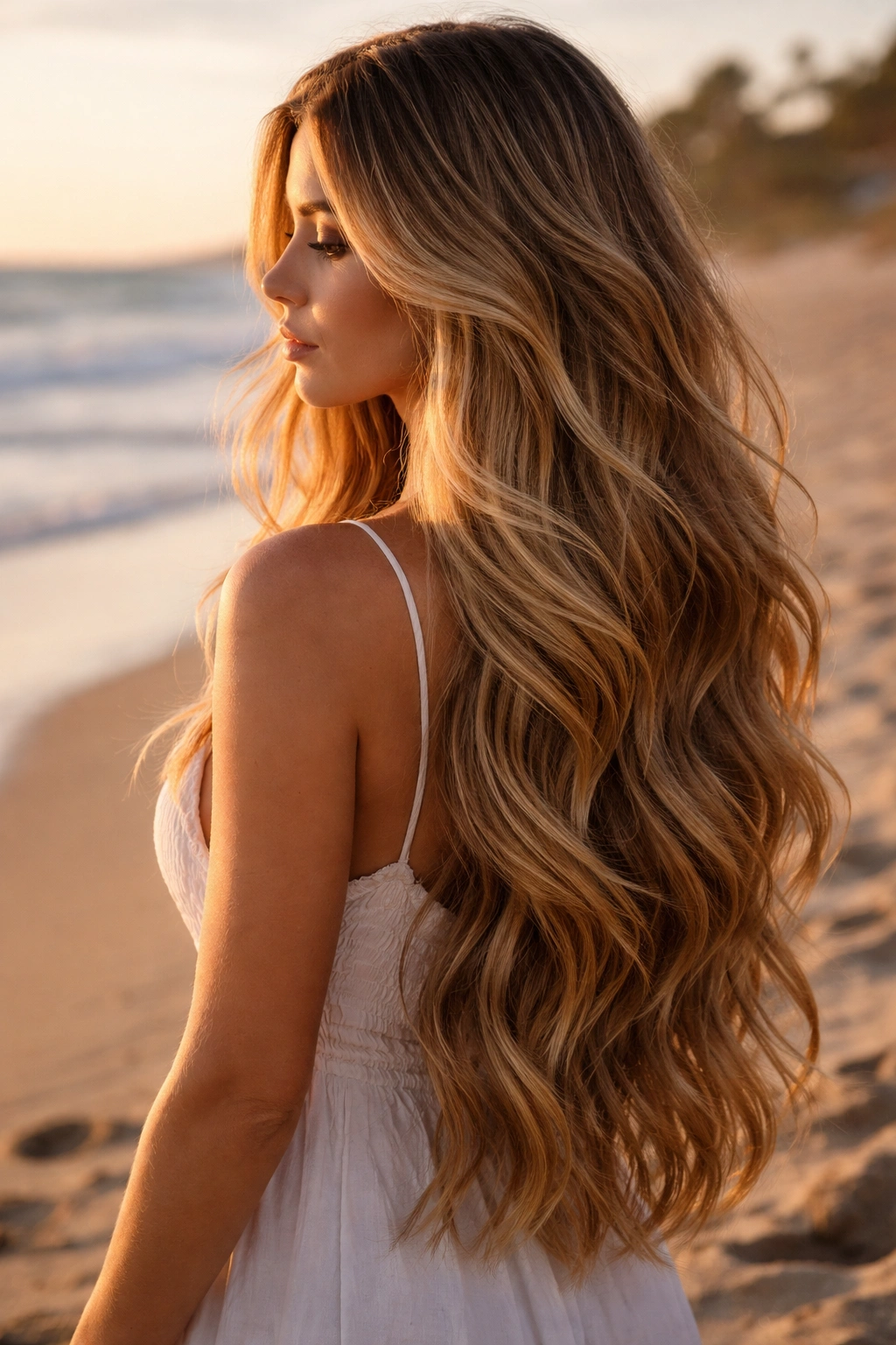 Long beachy waves with extended butterfly layers, sun-kissed beach setting