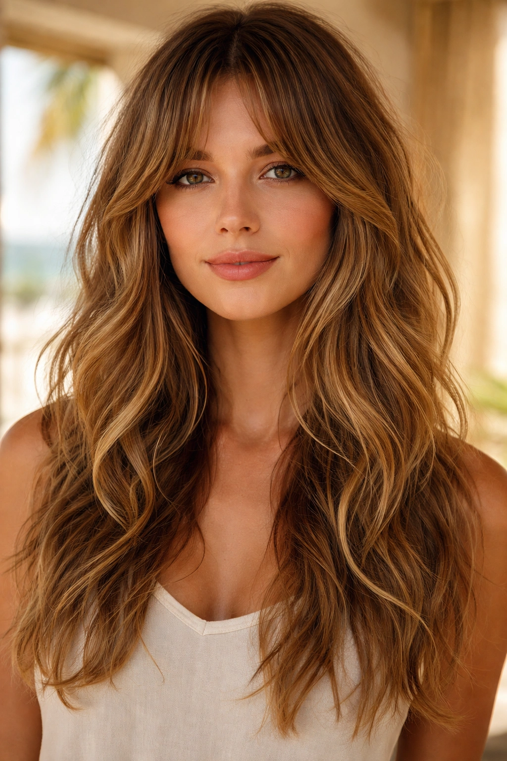Beachy waves with face-framing curtain bangs.