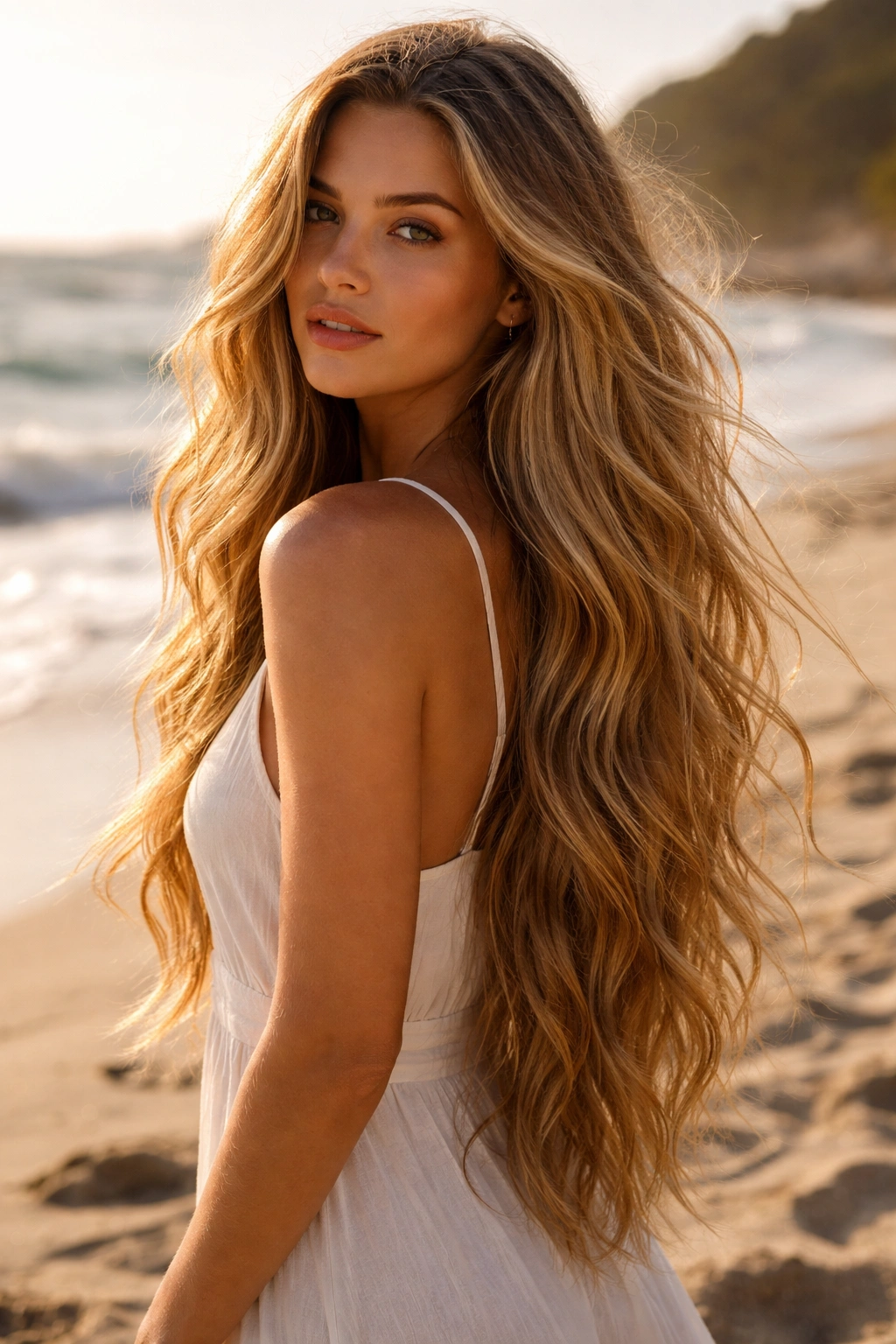 Close-up of a person with ultra-long beachy waves and subtle layers on a sunlit beach