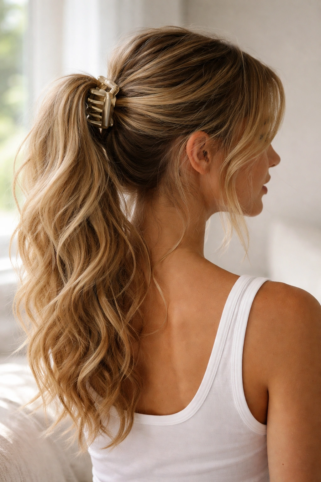 Mid-height ponytail with loose beach waves secured by a claw clip